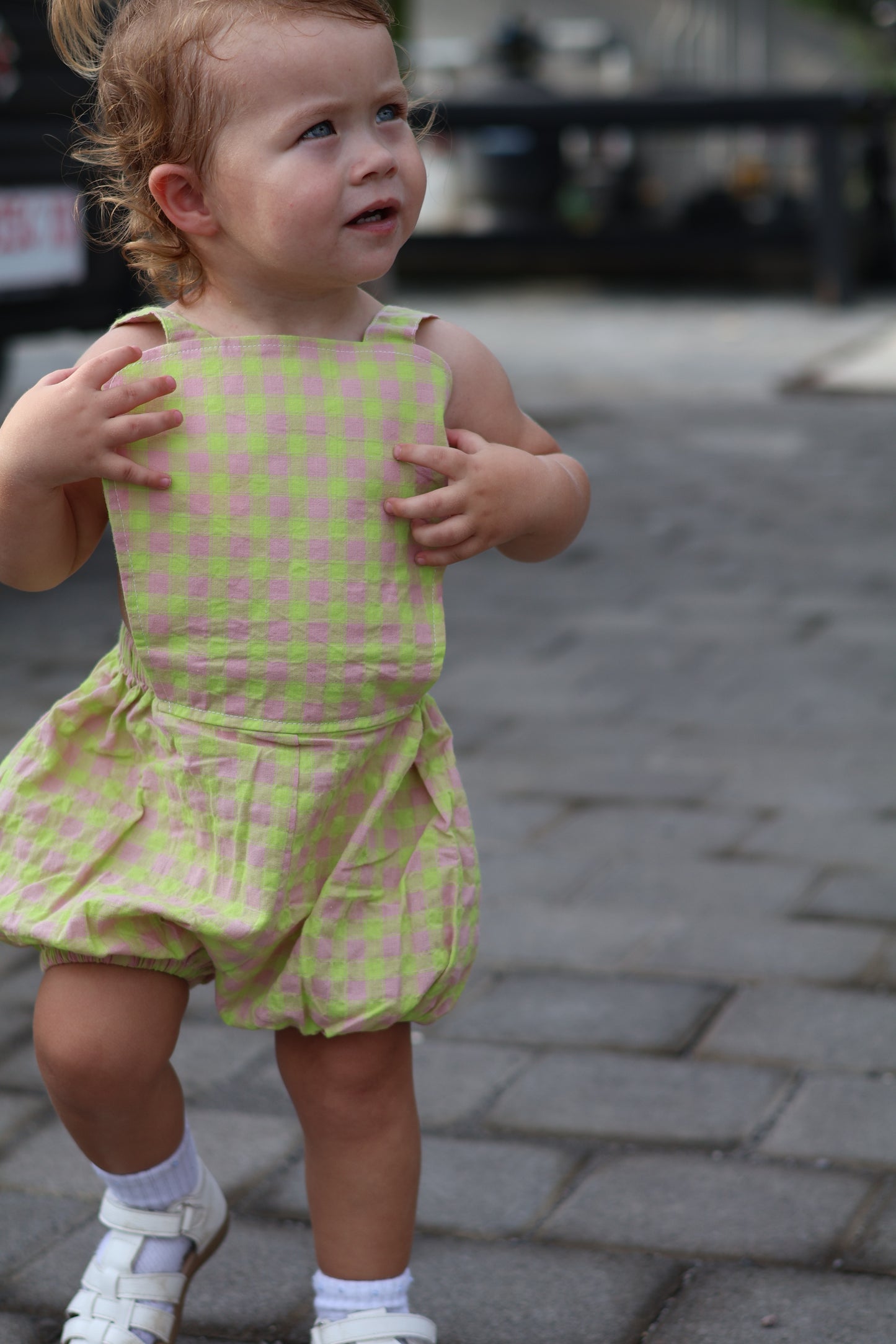 dylan romper - electric green check