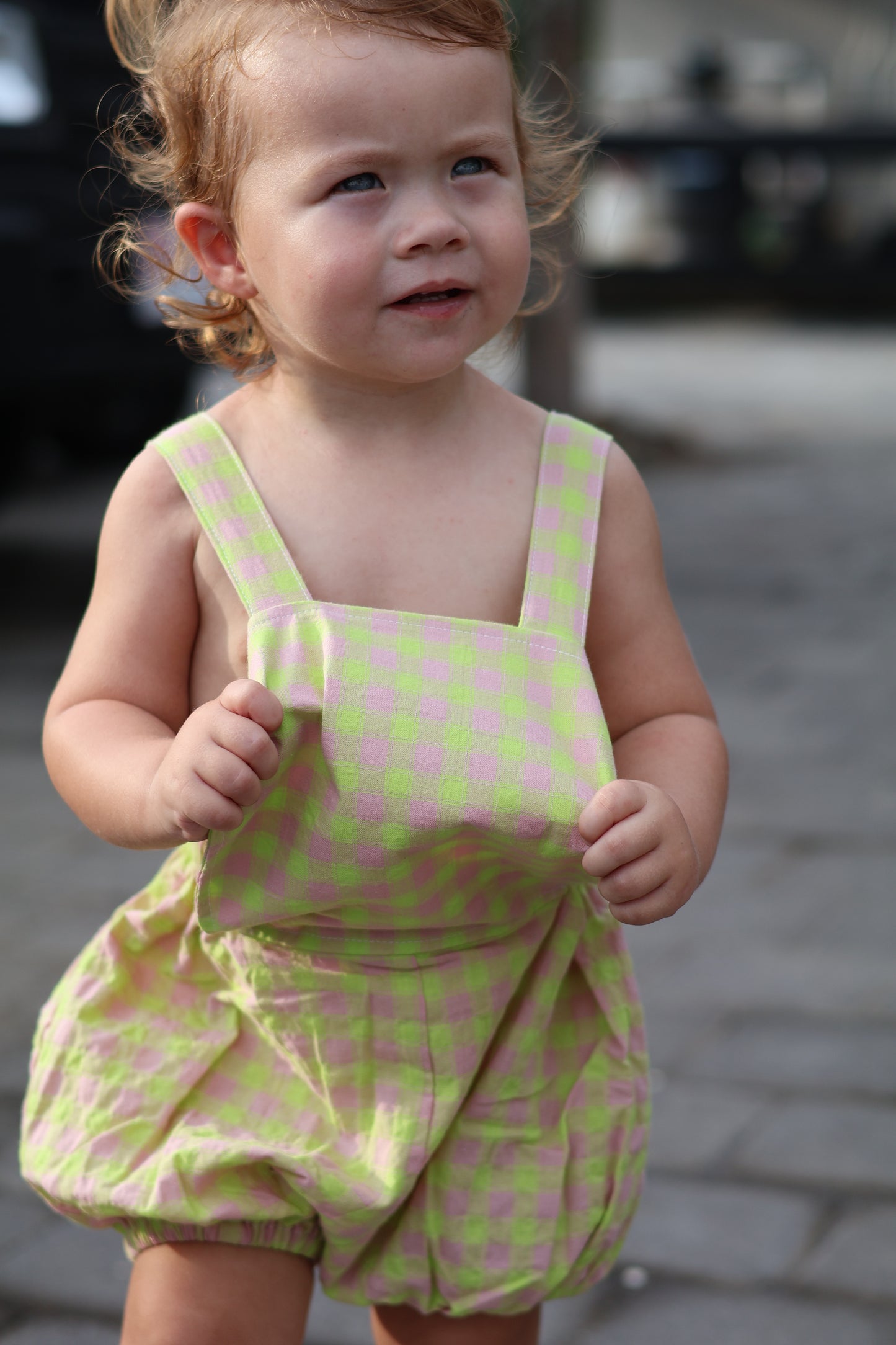 dylan romper - electric green check